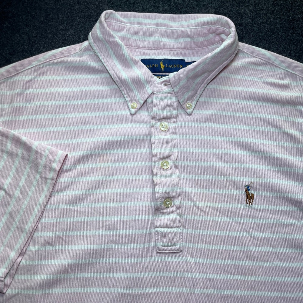 Ralph Lauren Polo Shirt Mens XL Pink White Striped Excellent Knit Oxford Pony